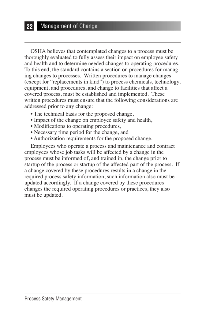 OSHA 3132 page 22, Management of Change, with the five considerations highlighted