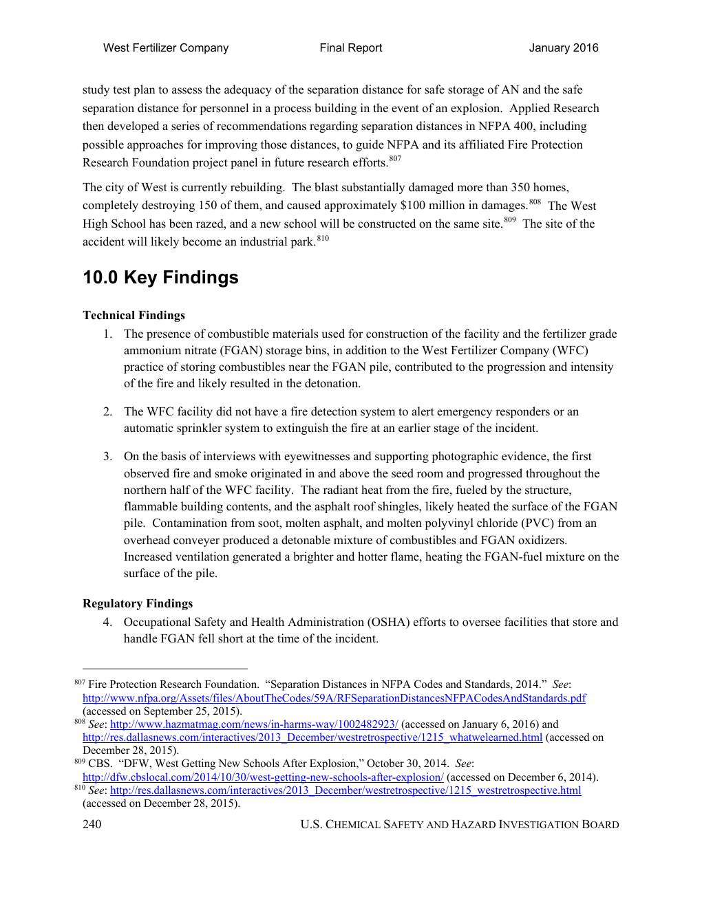 CSB West Fertilizer report page 240, key findings, with the cited findings highlighted
