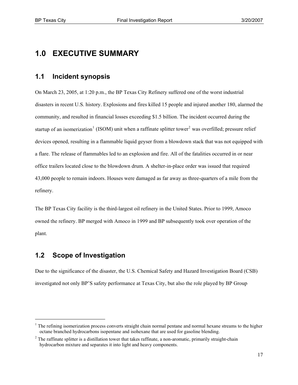 CSB report page 17, executive summary, with the sentences on the deaths and injuries highlighted