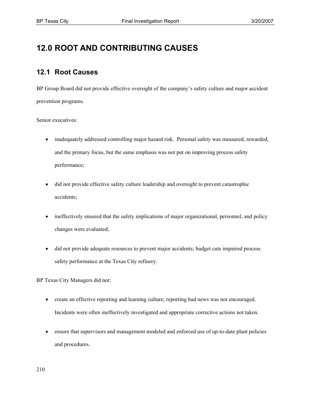 CSB report page 210, root causes, with the cited sentence highlighted