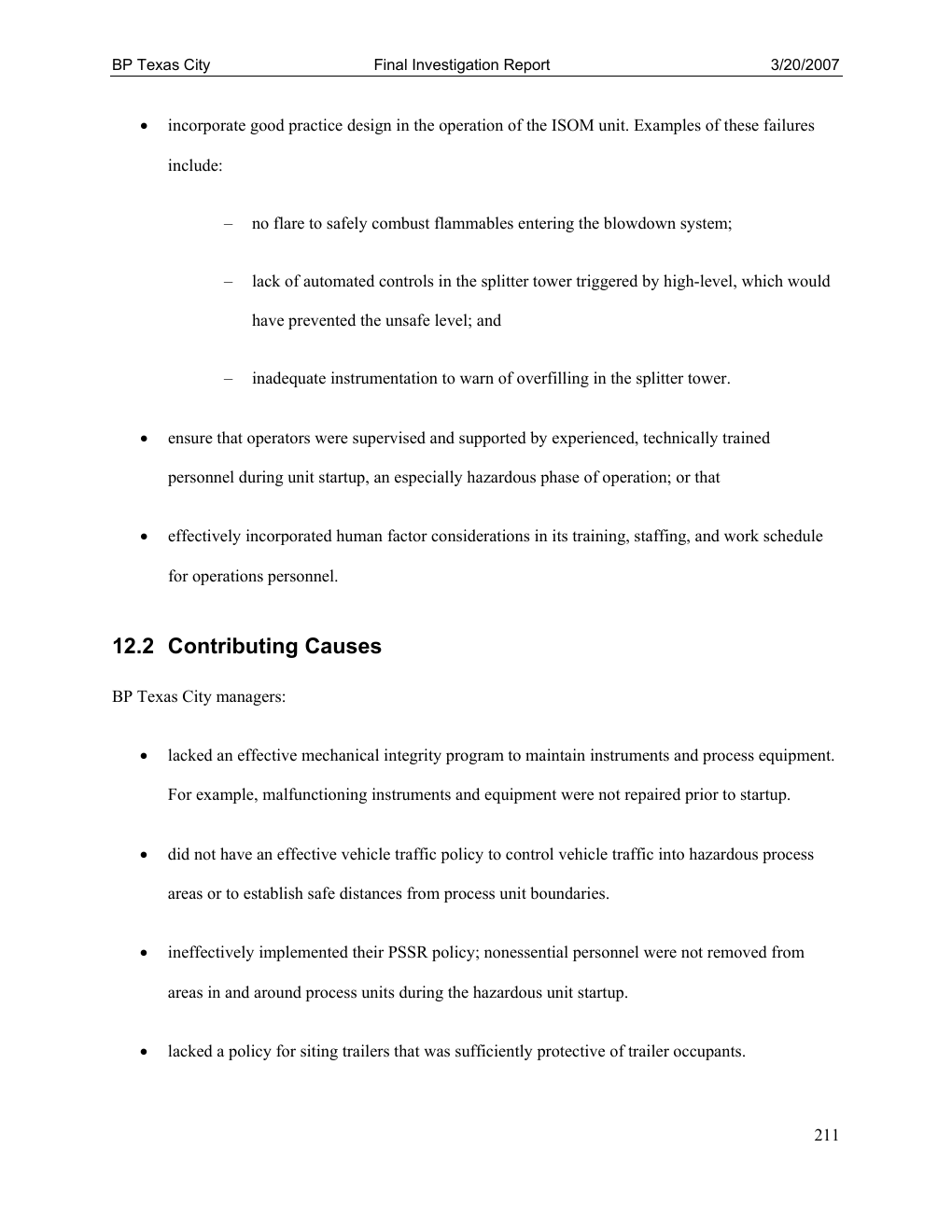 CSB report page 211, root causes continued, with the missing flare and automated controls highlighted
