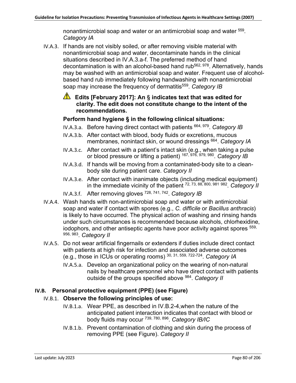 Isolation Precautions guideline page 80, with the soap and water rule for spores highlighted