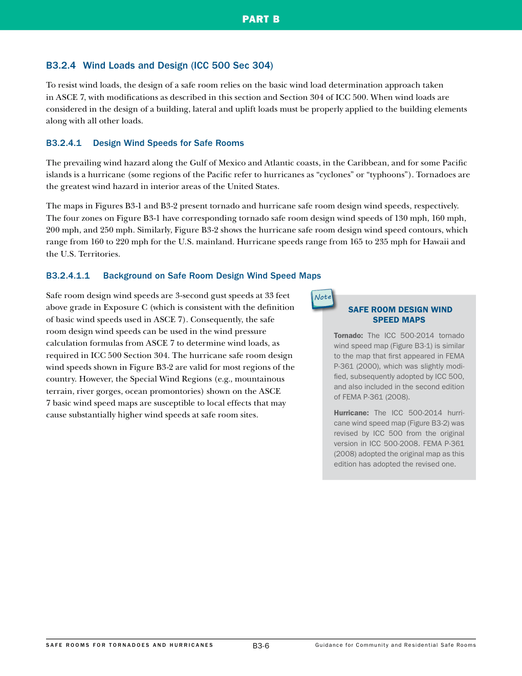 FEMA P-361 third edition page B3-6, design wind speeds, with the map note highlighted