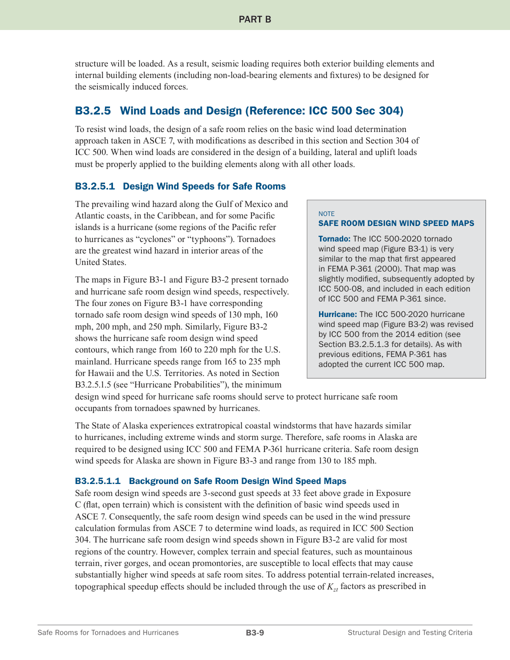 FEMA P-361 fourth edition page B3-9, design wind speeds, with the map note and Alaska criteria highlighted