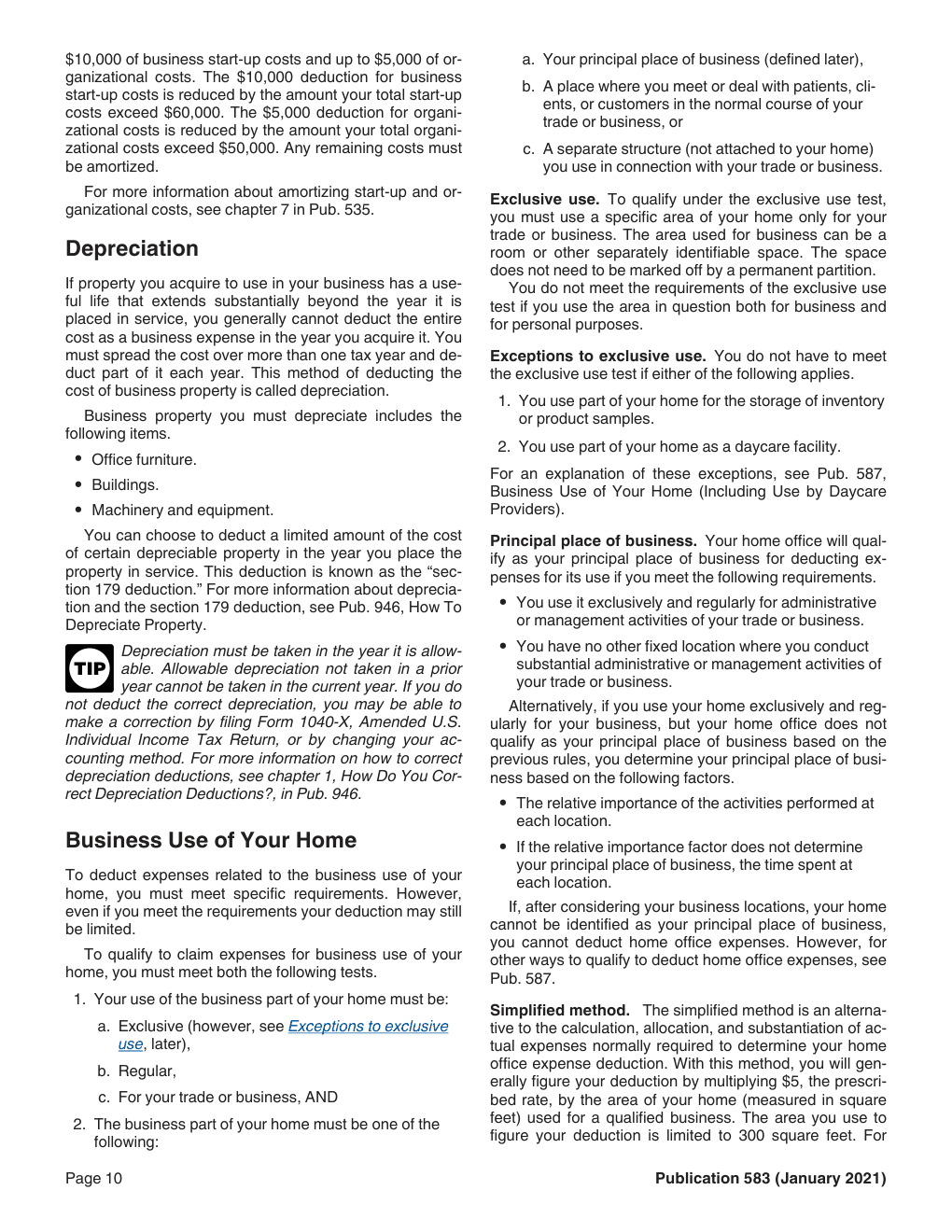 Publication 583, Rev. January 2021, page 10, with the start-up cost limits highlighted