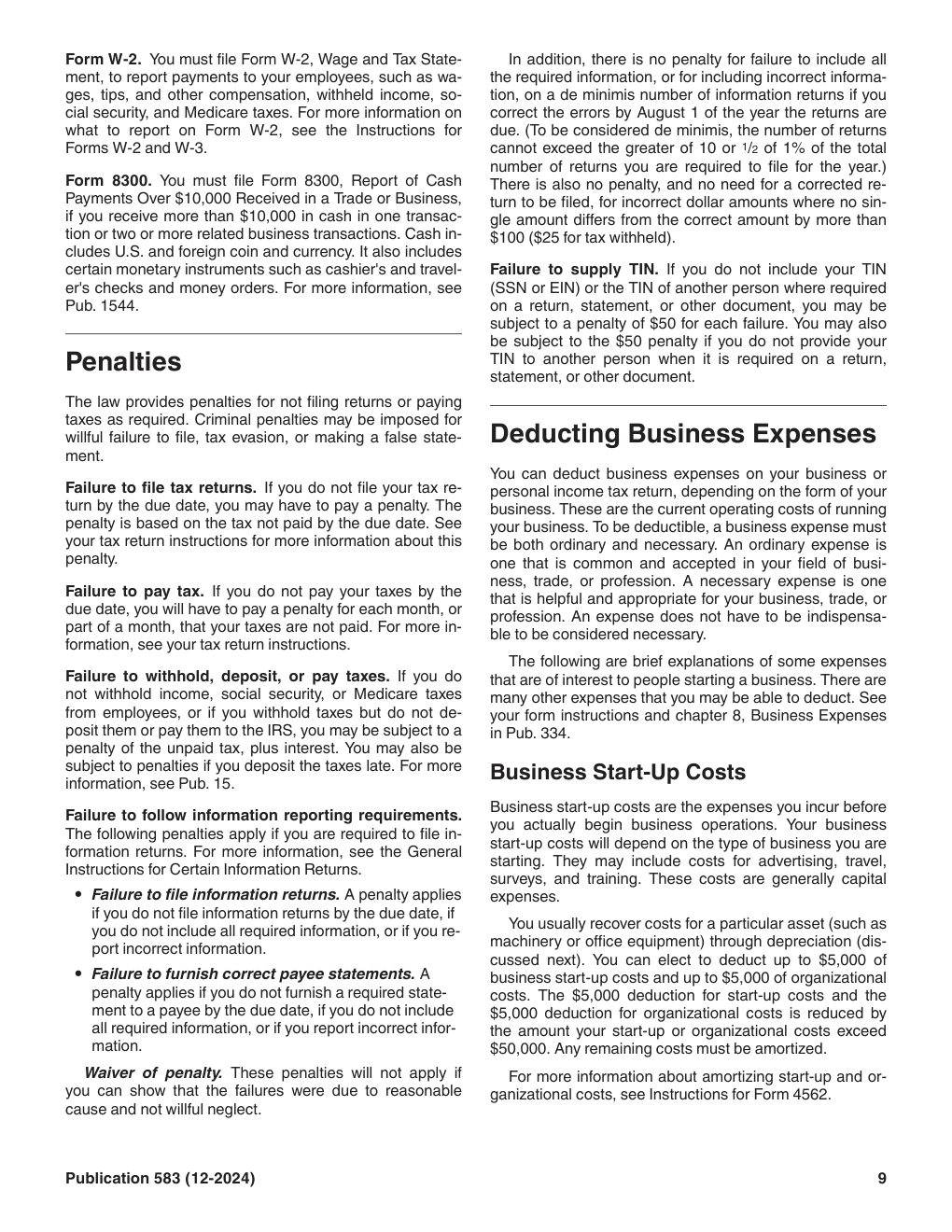 Publication 583, Rev. December 2024, page 9, with the start-up cost limits highlighted